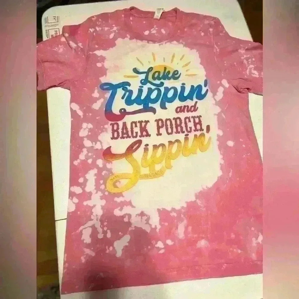 canvas t shirt Custom Lake Trippin Back Yard Sippin Medium Bleach Colorful